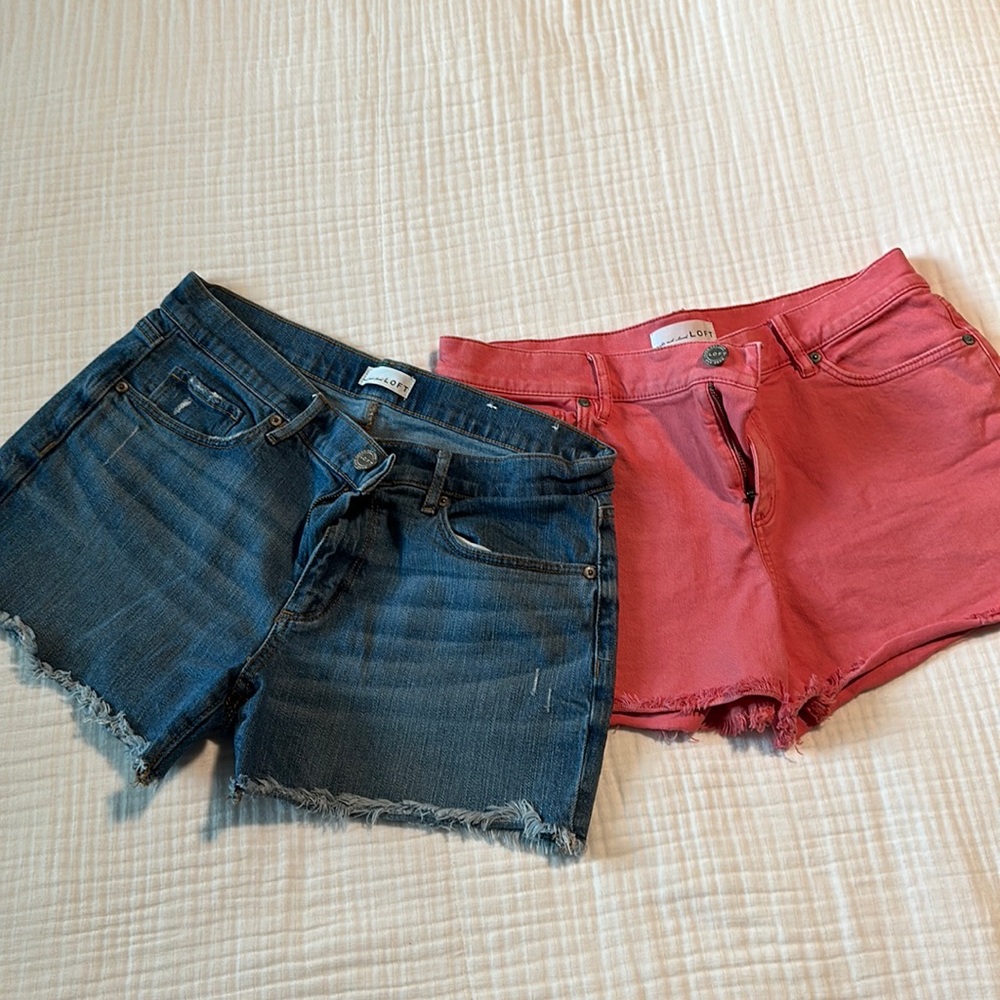 Two pair loft, 3 inch inseam frayed shorts.